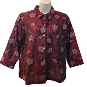 Vintage Coldwater Creek Women's Maroon Silk Floral Collared Button Shirt Small